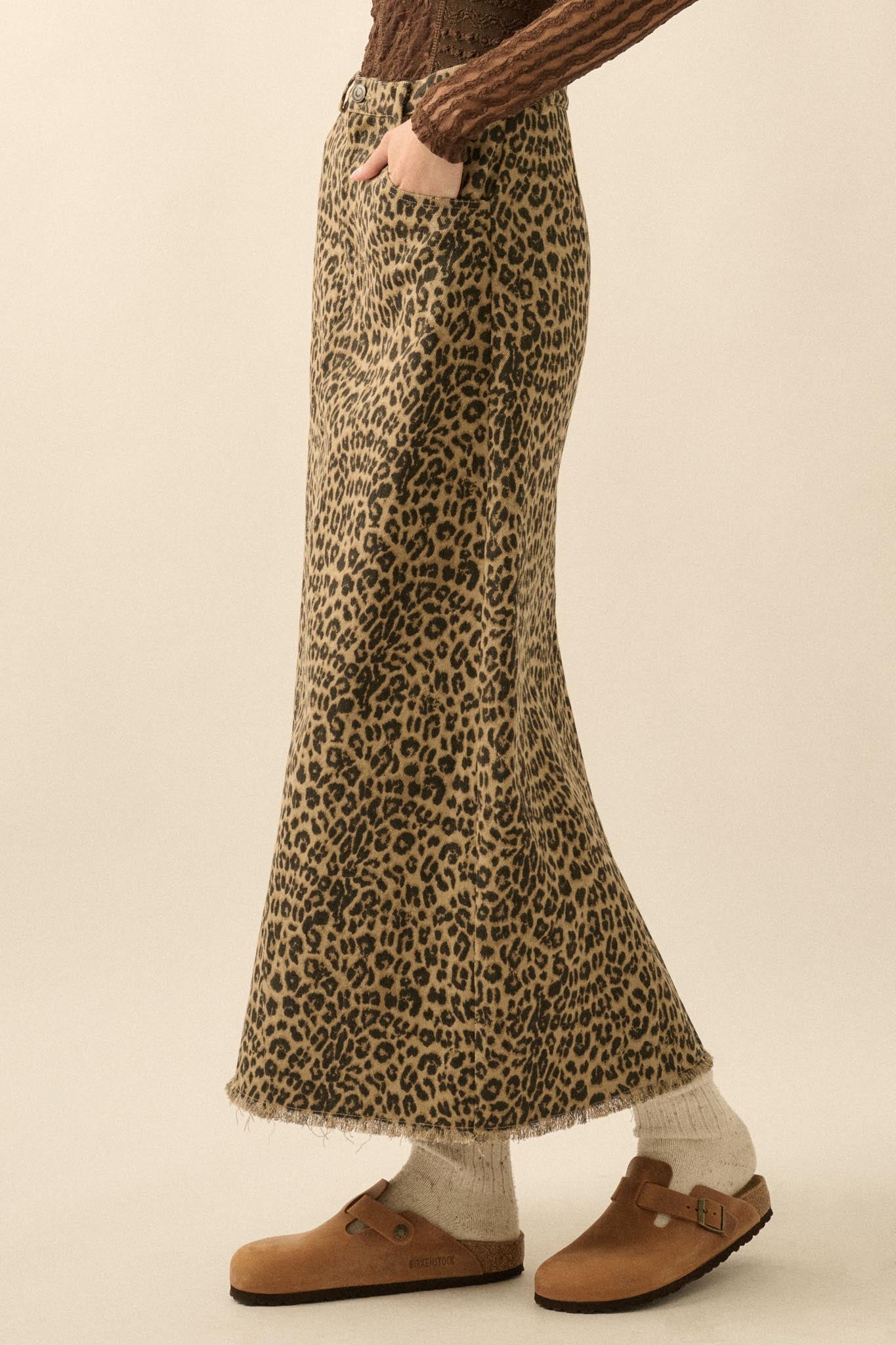Concrete Jungle Leopard Twill Raw-Edge Midi Skirt - ShopPromesa