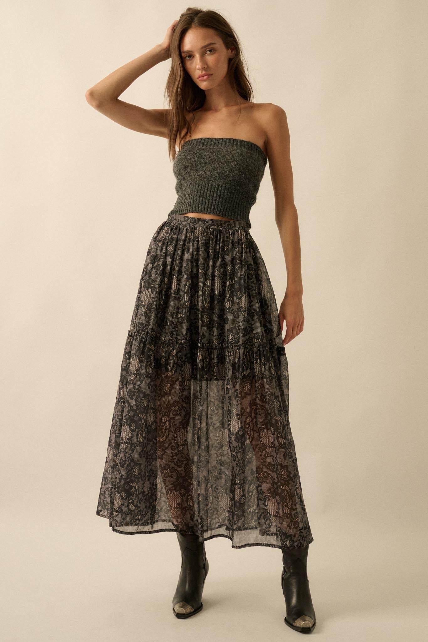 Into the Night Lace-Print Organza Maxi Skirt - ShopPromesa