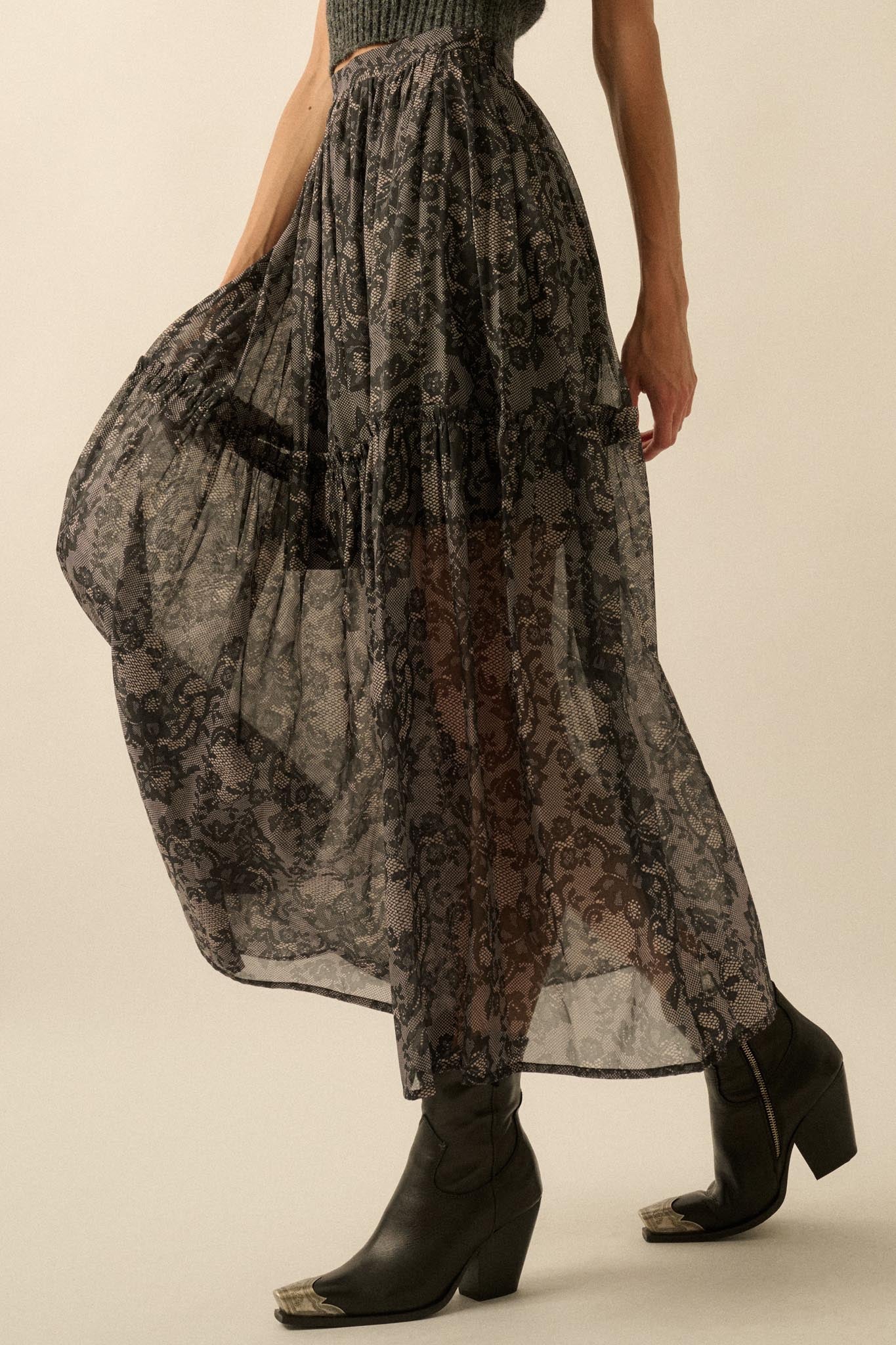 Into the Night Lace-Print Organza Maxi Skirt - ShopPromesa