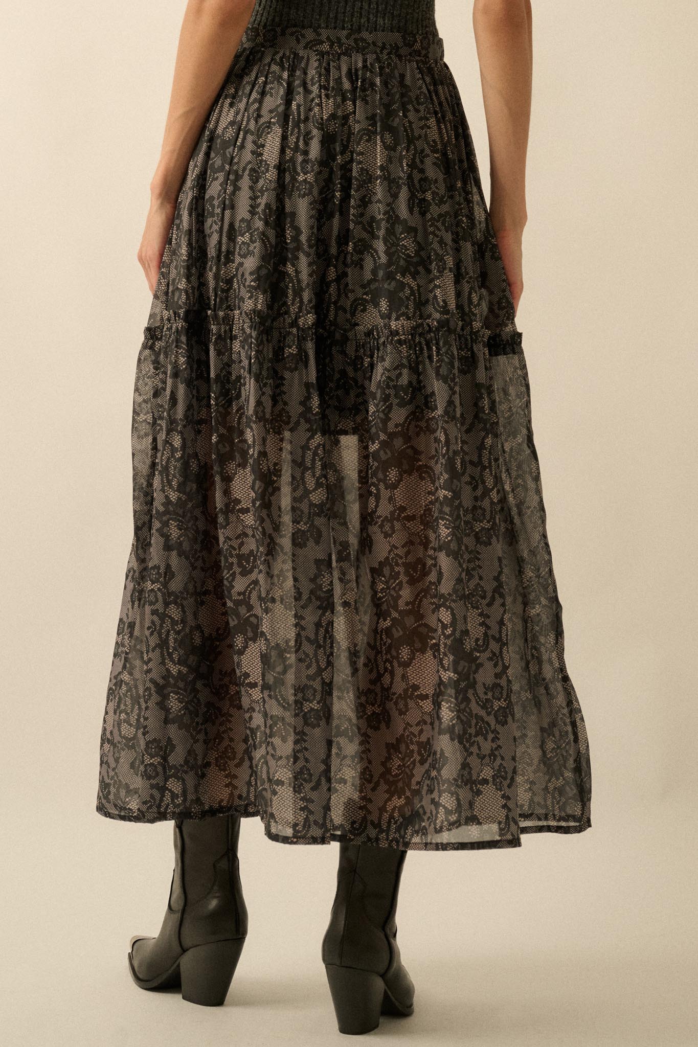 Into the Night Lace-Print Organza Maxi Skirt - ShopPromesa