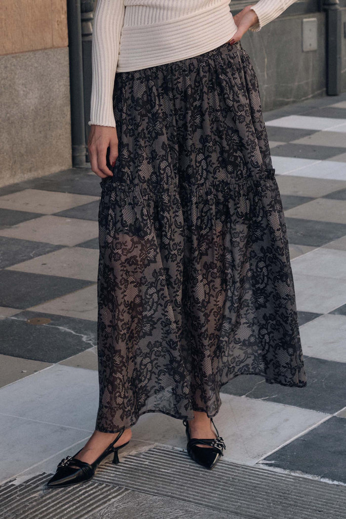 Into the Night Lace-Print Organza Maxi Skirt - ShopPromesa