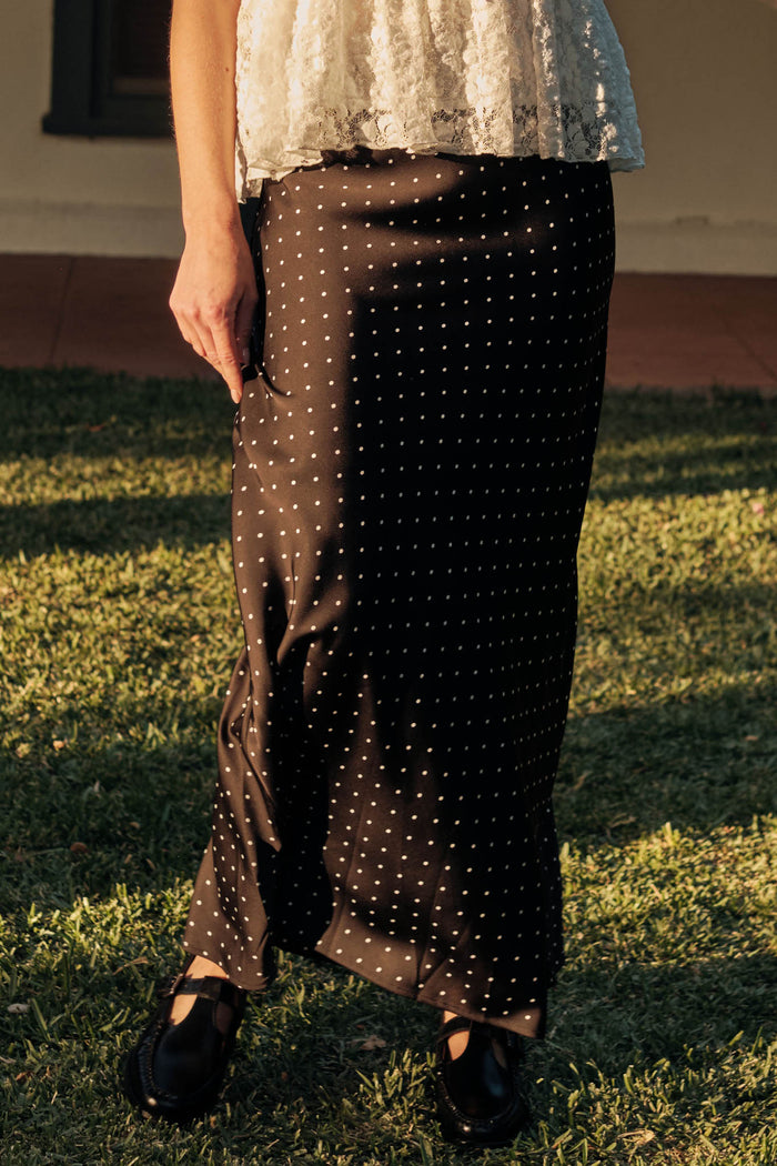 Connect the Dots Polka Dot Satin Maxi Skirt - ShopPromesa