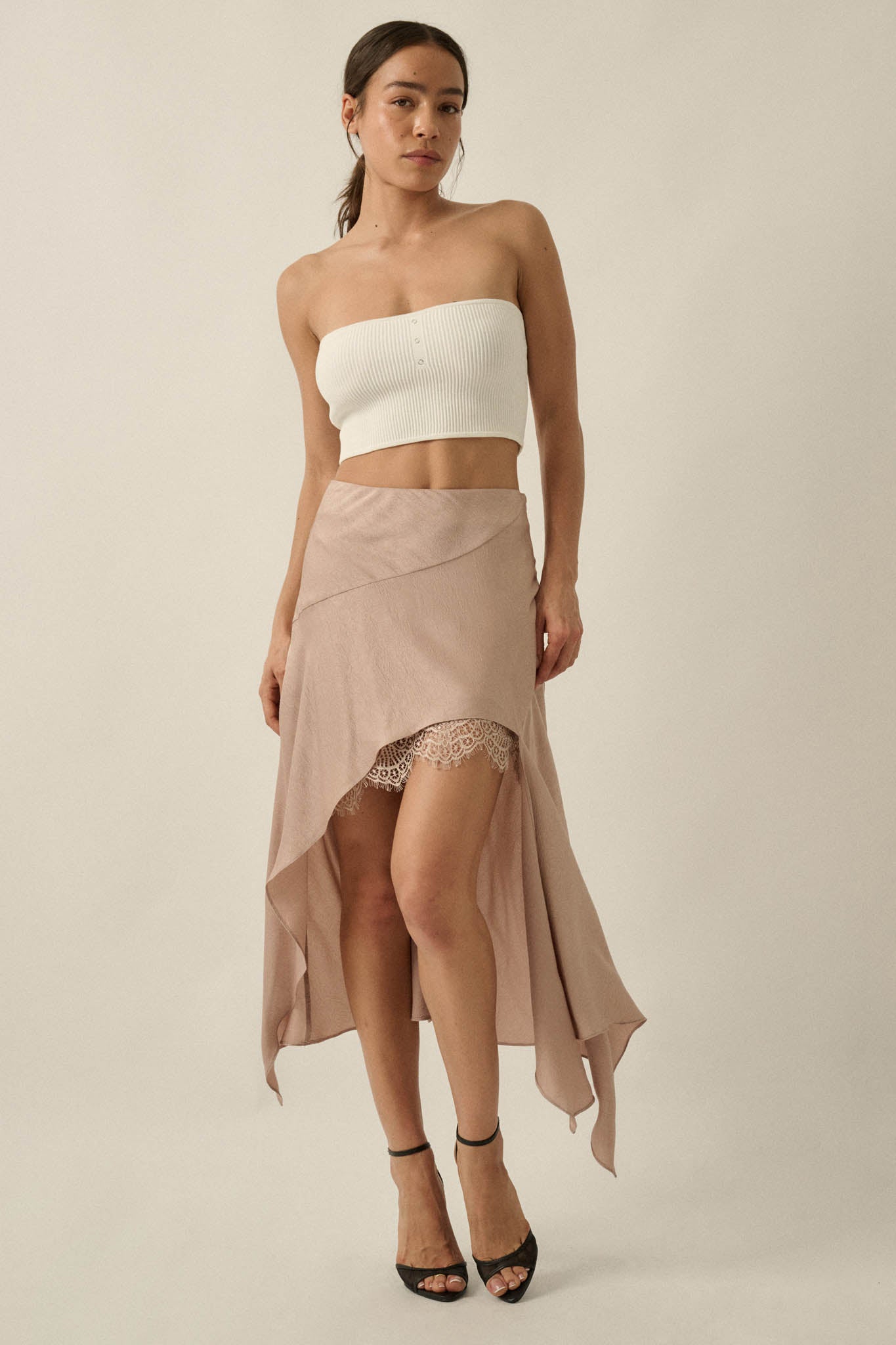 Sashay All Day Satin and Lace High-Low Midi Skirt - ShopPromesa