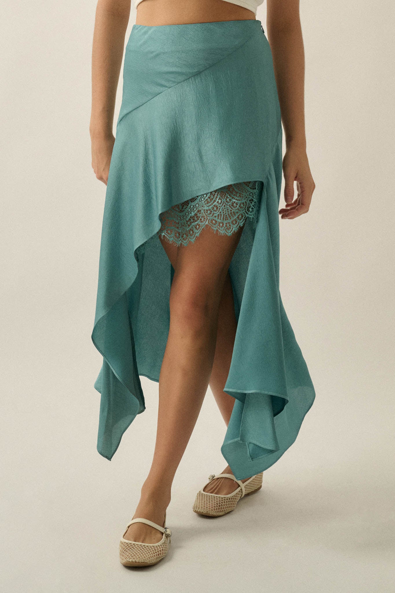 Sashay All Day Satin and Lace High-Low Midi Skirt - ShopPromesa