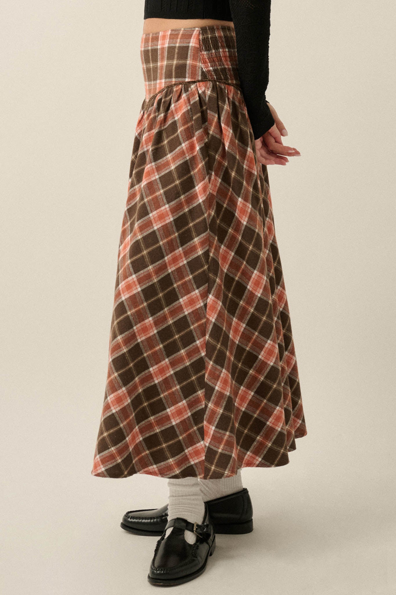 Cabin Couture Plaid Drop-Waist A-Line Midi Skirt - ShopPromesa
