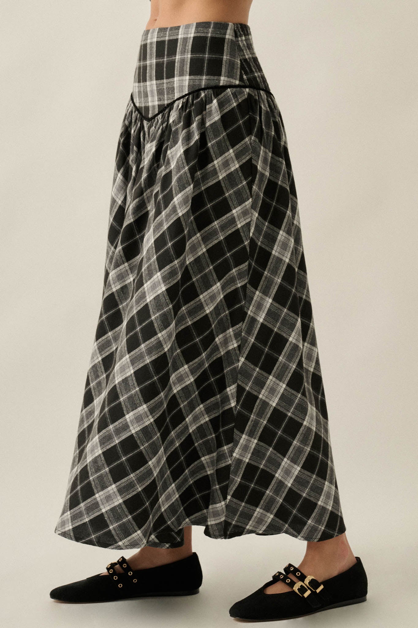 Cabin Couture Plaid Drop-Waist A-Line Midi Skirt - ShopPromesa