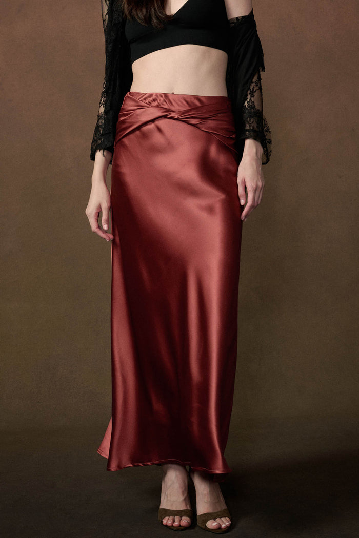 Silky Touch Twist-Front Bias-Cut Satin Maxi Skirt - ShopPromesa