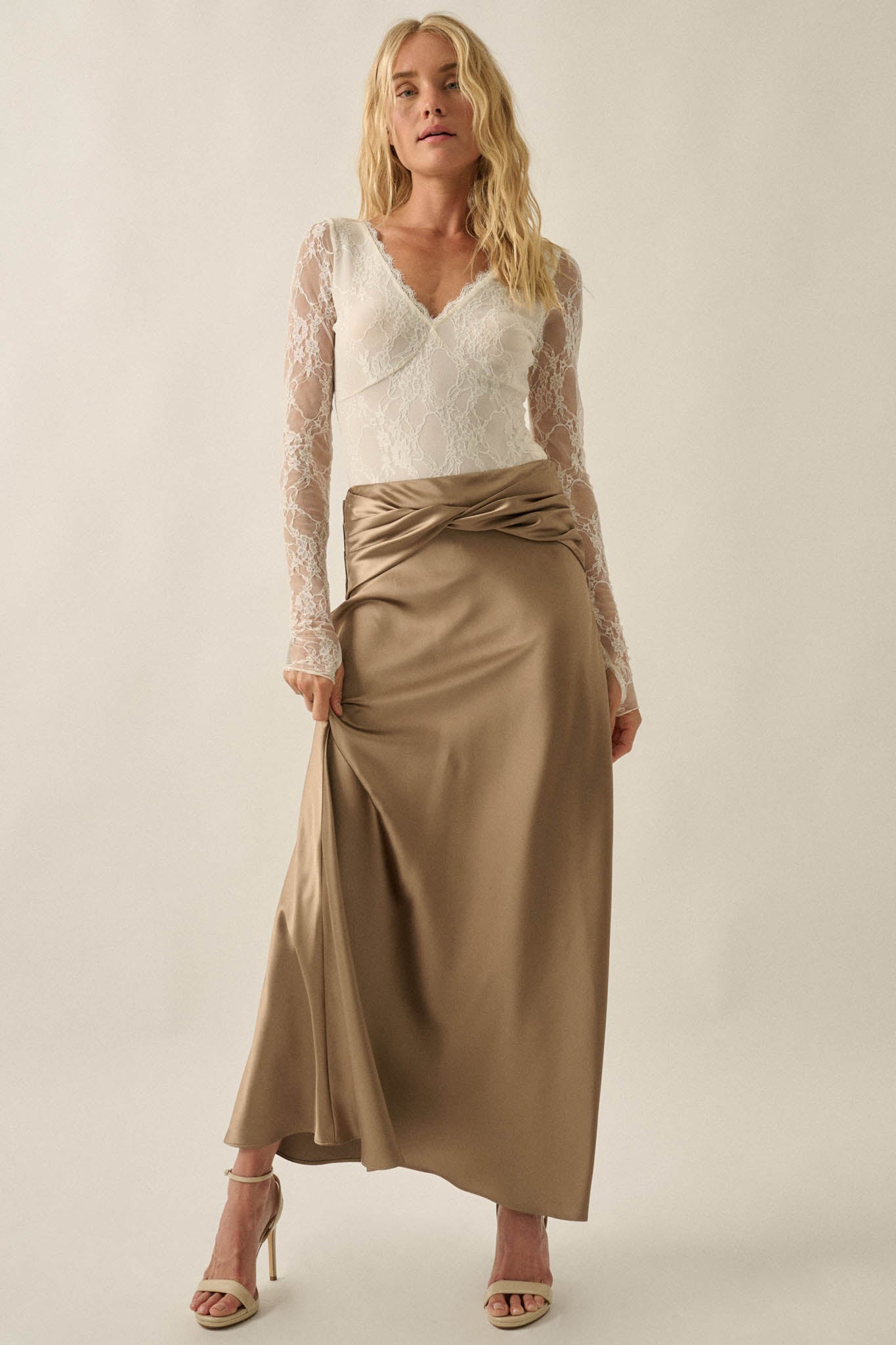 Silky Touch Twist-Front Bias-Cut Satin Maxi Skirt - ShopPromesa