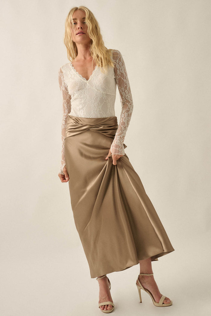 Silky Touch Twist-Front Bias-Cut Satin Maxi Skirt - ShopPromesa