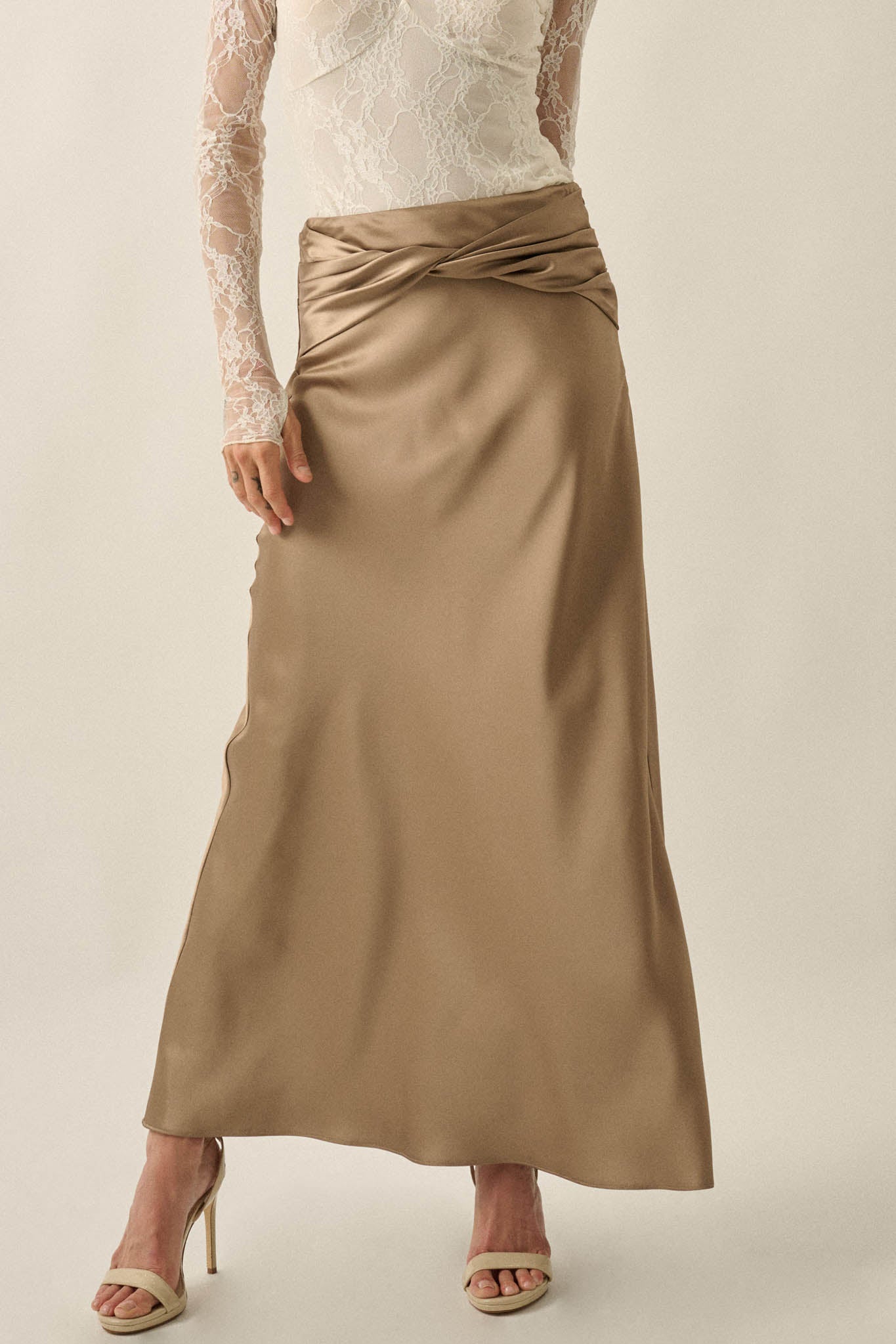 Silky Touch Twist-Front Bias-Cut Satin Maxi Skirt - ShopPromesa