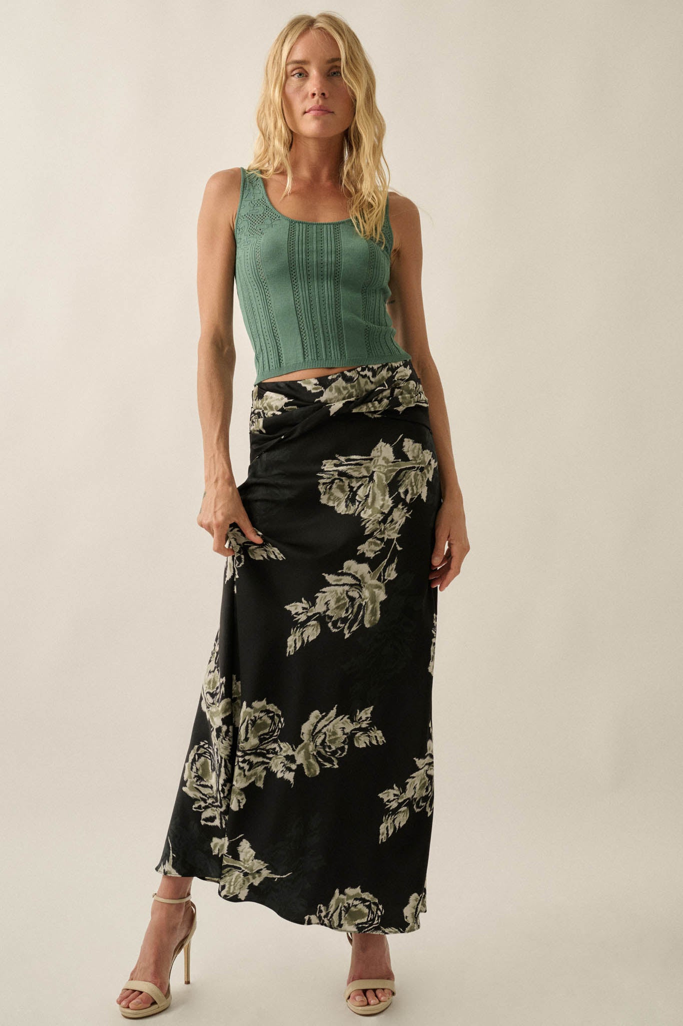 Moonlit Roses Floral Satin Twist-Front Maxi Skirt - ShopPromesa