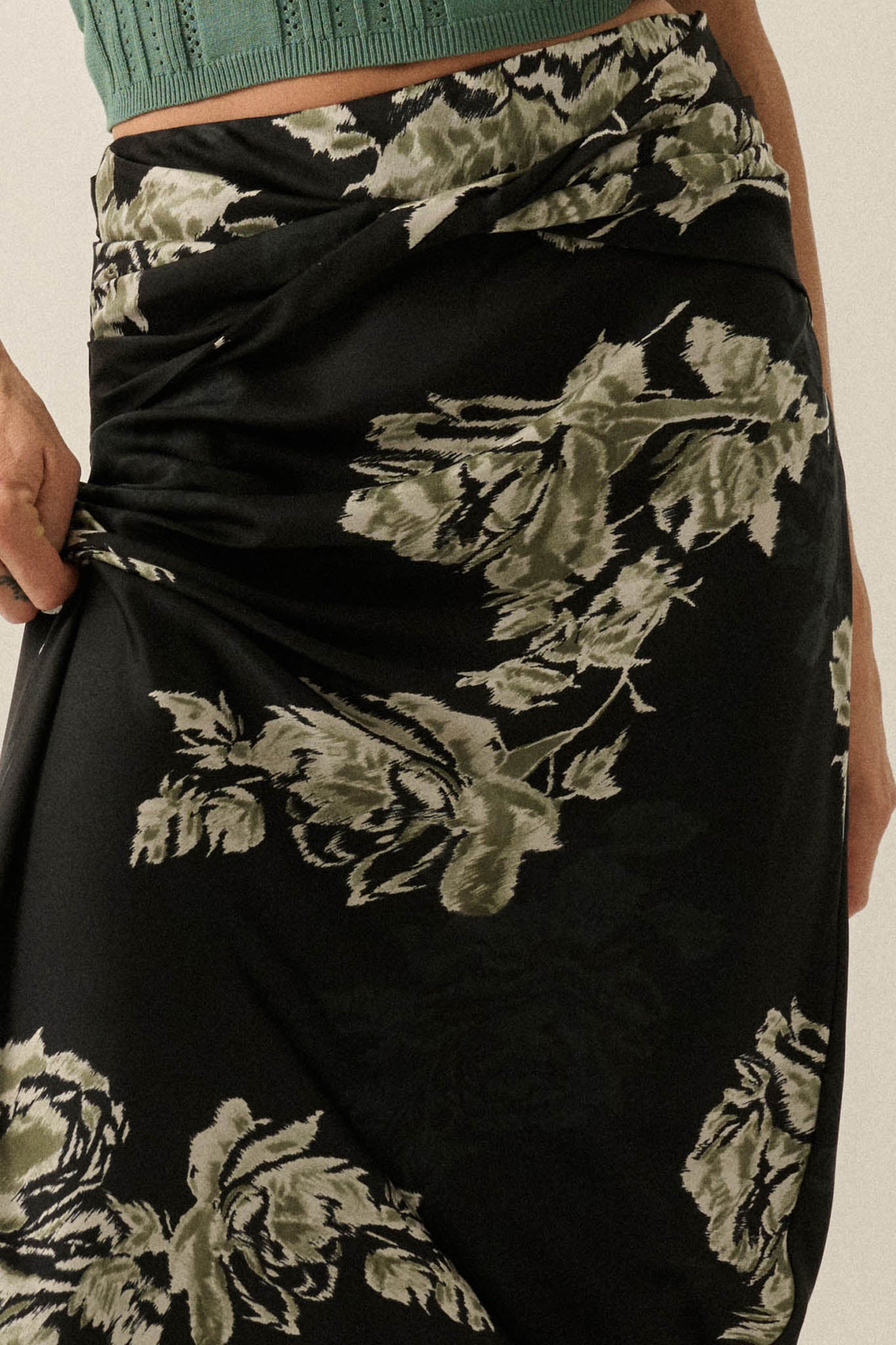 Moonlit Roses Floral Satin Twist-Front Maxi Skirt - ShopPromesa