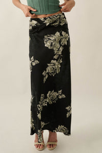 Moonlit Roses Floral Satin Twist-Front Maxi Skirt - ShopPromesa