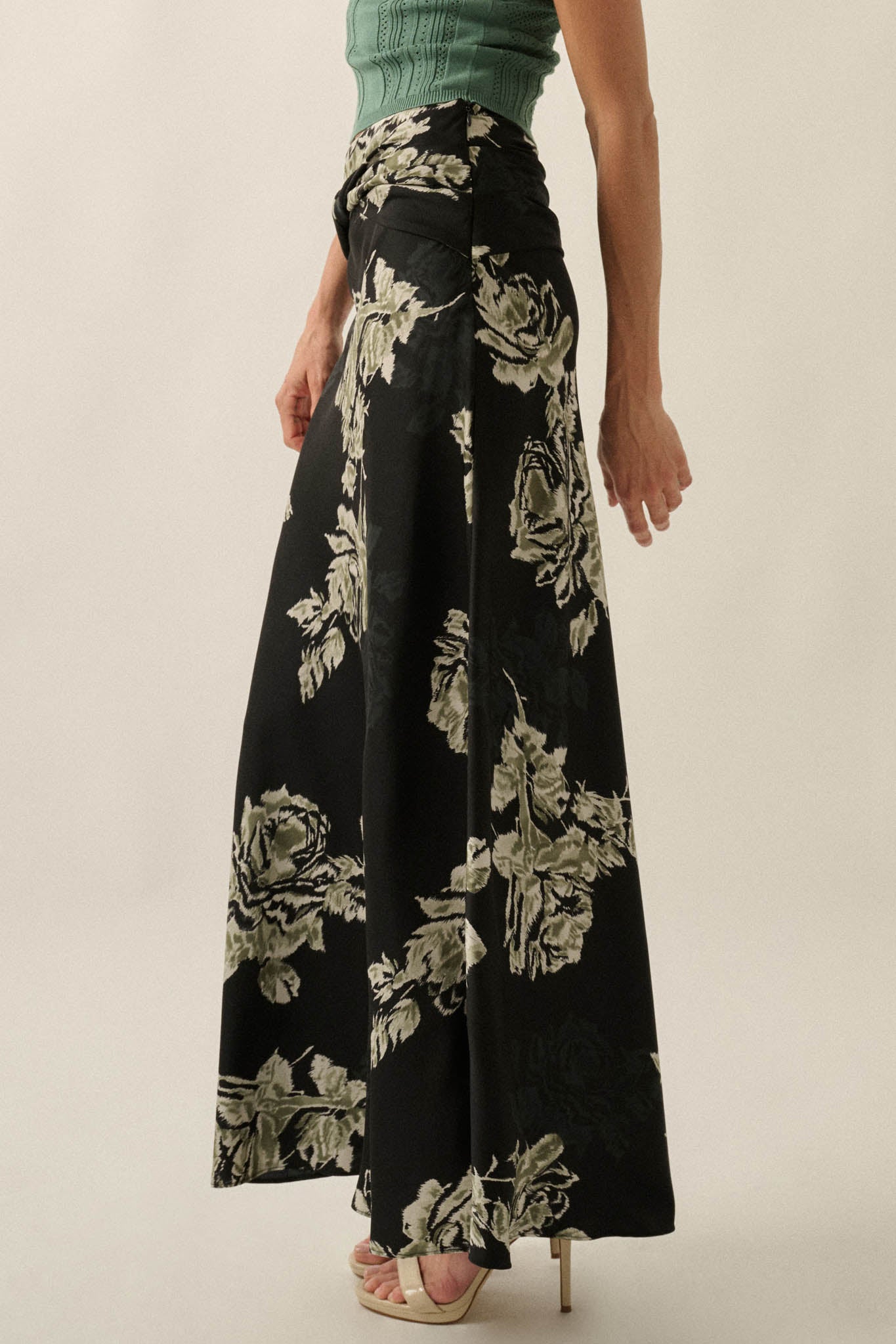Moonlit Roses Floral Satin Twist-Front Maxi Skirt - ShopPromesa