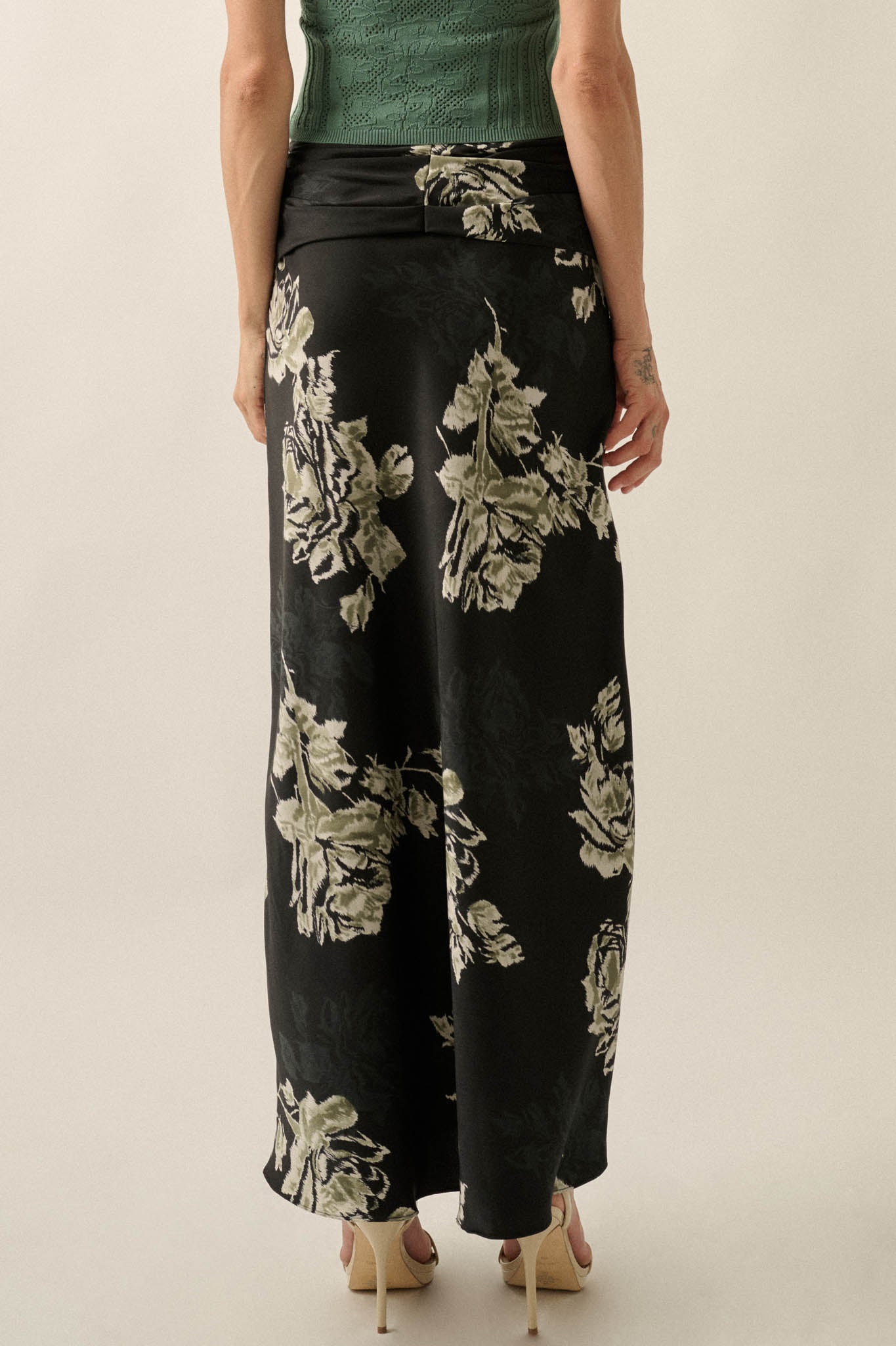 Moonlit Roses Floral Satin Twist-Front Maxi Skirt - ShopPromesa
