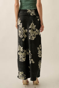 Moonlit Roses Floral Satin Twist-Front Maxi Skirt - ShopPromesa