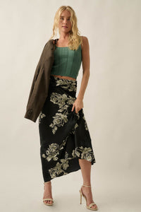 Moonlit Roses Floral Satin Twist-Front Maxi Skirt - ShopPromesa