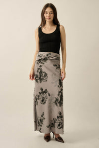 Moonlit Roses Floral Satin Twist-Front Maxi Skirt - ShopPromesa