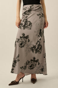 Moonlit Roses Floral Satin Twist-Front Maxi Skirt - ShopPromesa