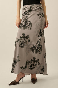 Moonlit Roses Floral Satin Twist-Front Maxi Skirt - ShopPromesa