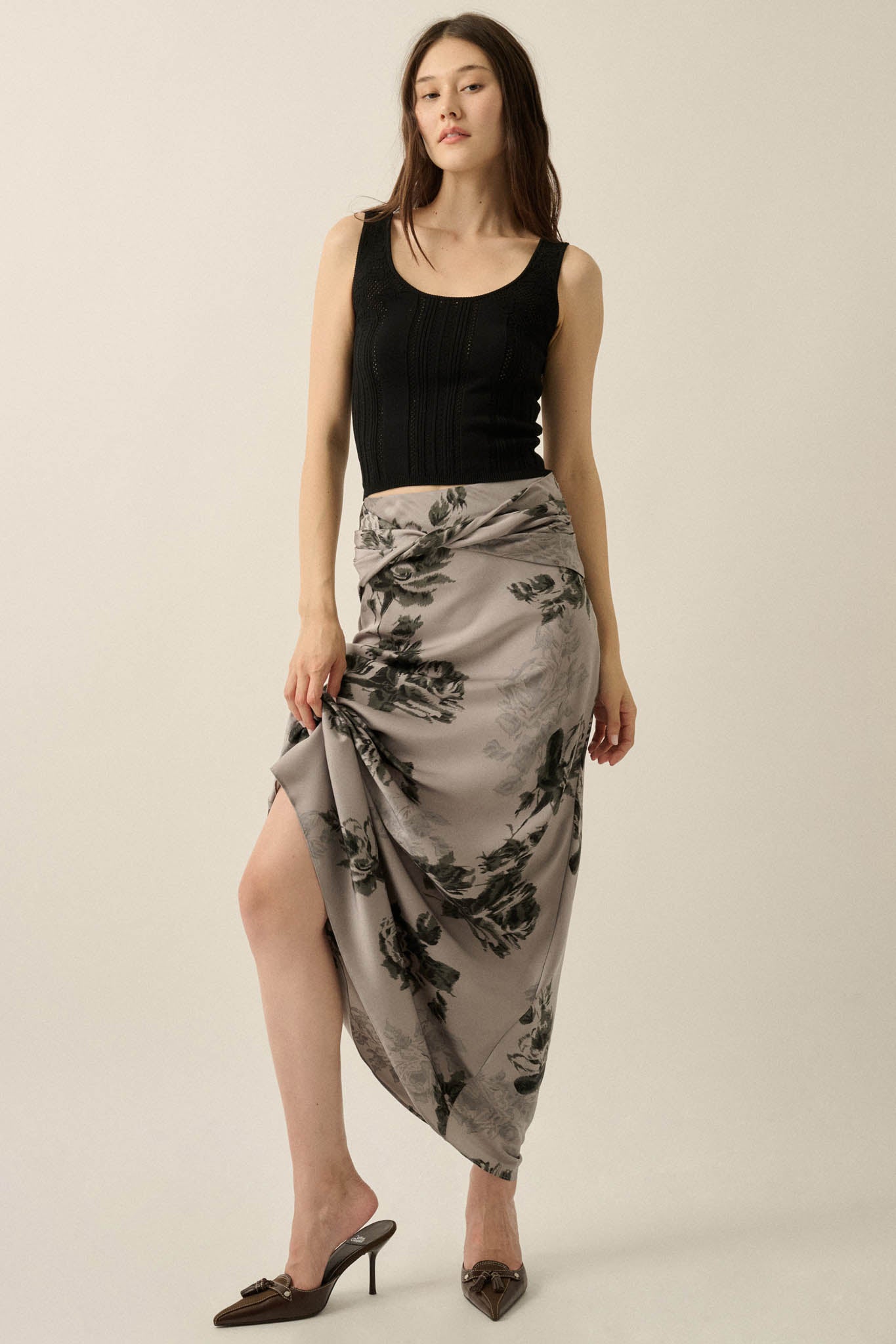 Moonlit Roses Floral Satin Twist-Front Maxi Skirt - ShopPromesa