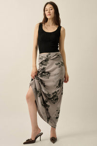 Moonlit Roses Floral Satin Twist-Front Maxi Skirt - ShopPromesa