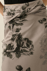 Moonlit Roses Floral Satin Twist-Front Maxi Skirt - ShopPromesa