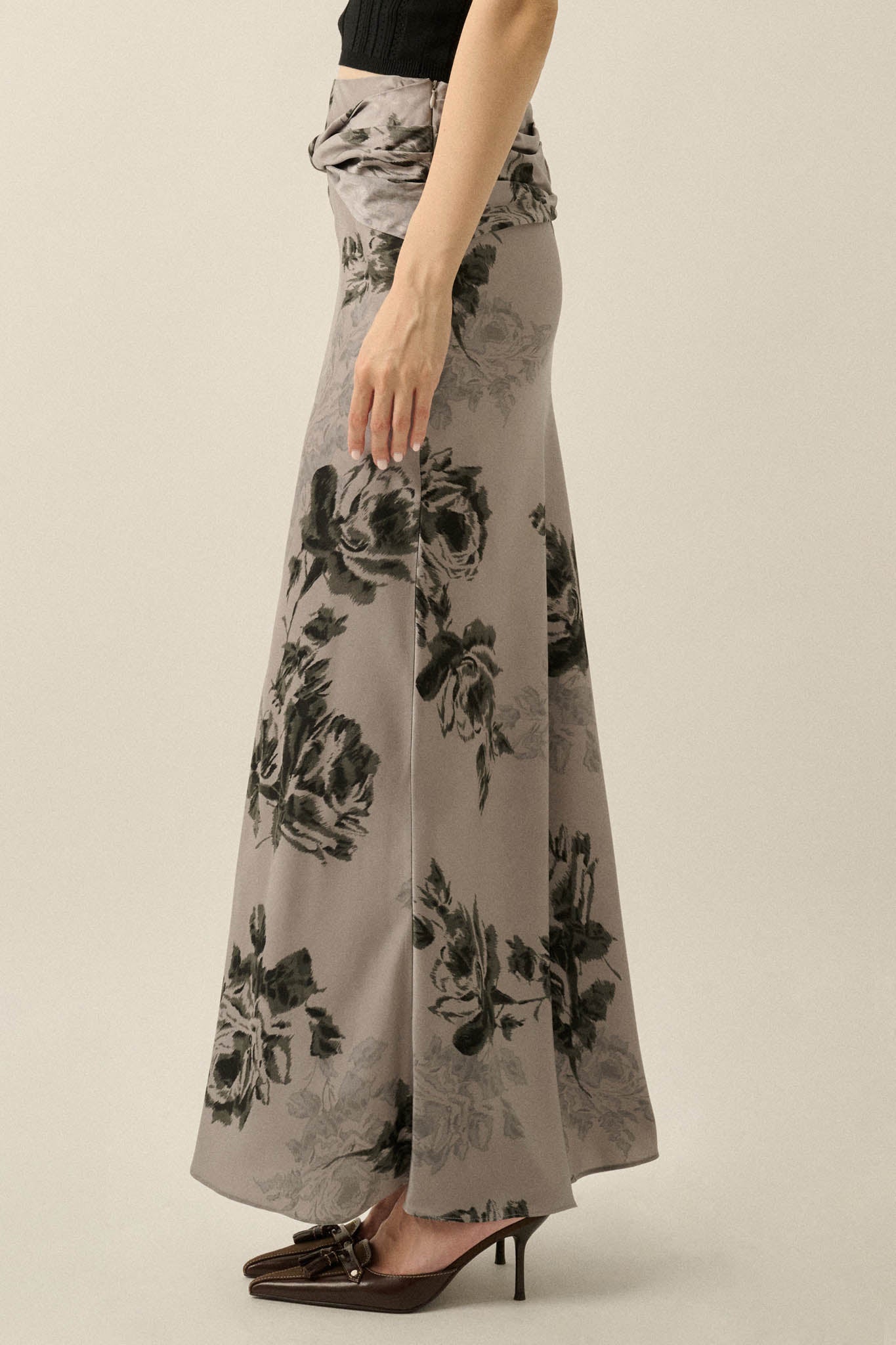 Moonlit Roses Floral Satin Twist-Front Maxi Skirt - ShopPromesa