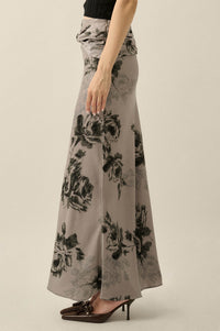 Moonlit Roses Floral Satin Twist-Front Maxi Skirt - ShopPromesa