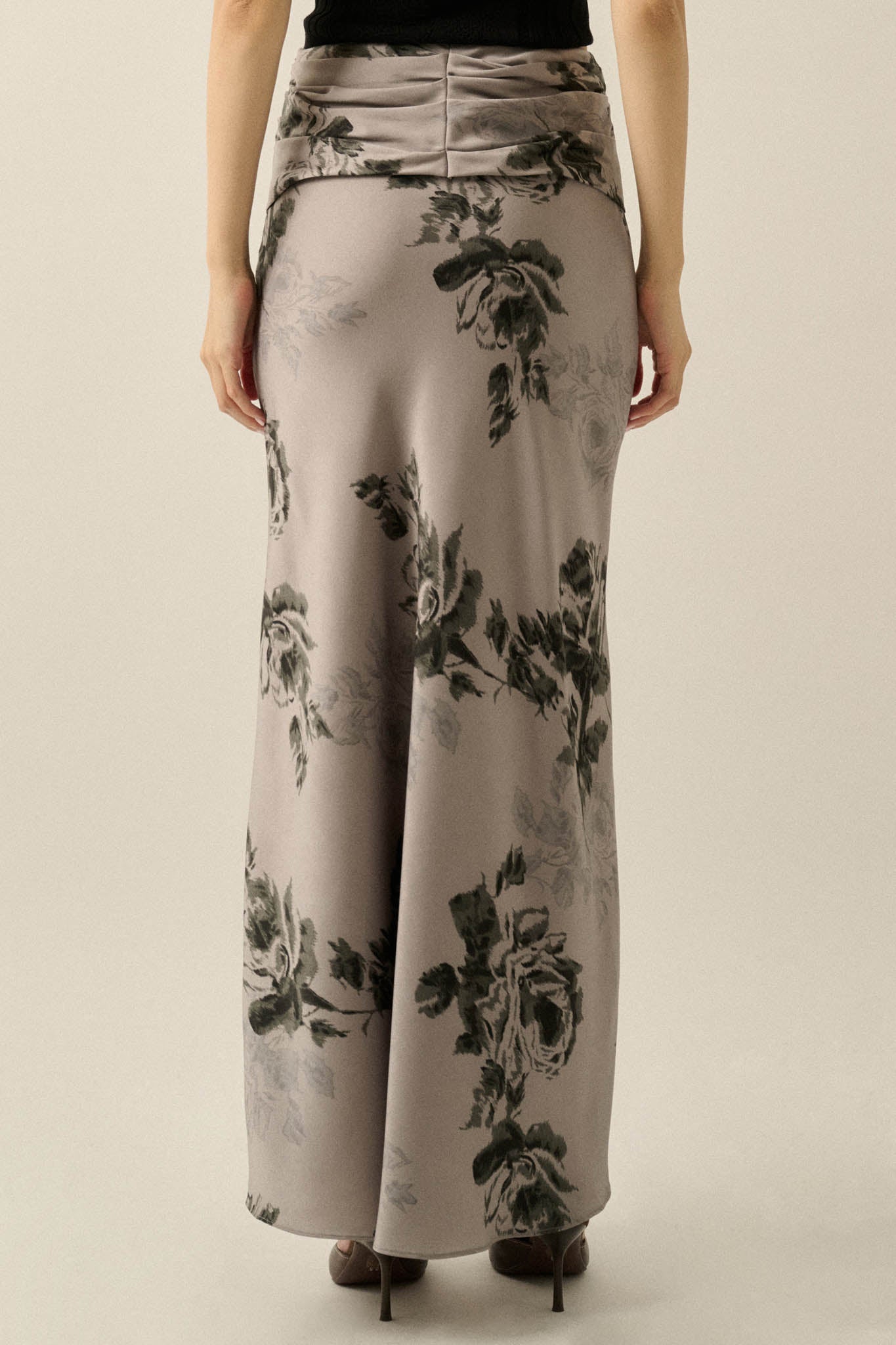 Moonlit Roses Floral Satin Twist-Front Maxi Skirt - ShopPromesa