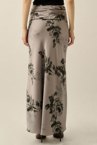 Moonlit Roses Floral Satin Twist-Front Maxi Skirt - ShopPromesa