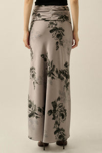 Moonlit Roses Floral Satin Twist-Front Maxi Skirt - ShopPromesa