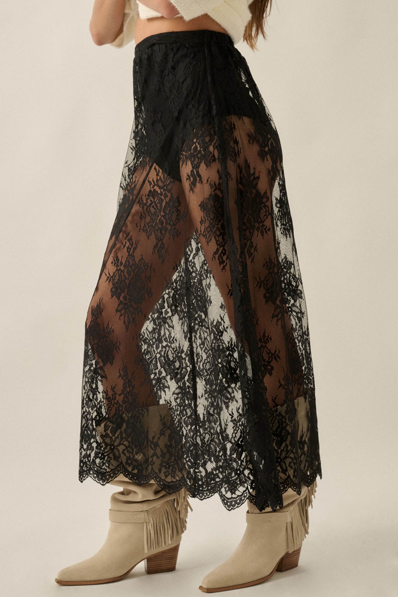 Delicate Beauty Sheer Floral Lace Layering Midi Skirt - ShopPromesa