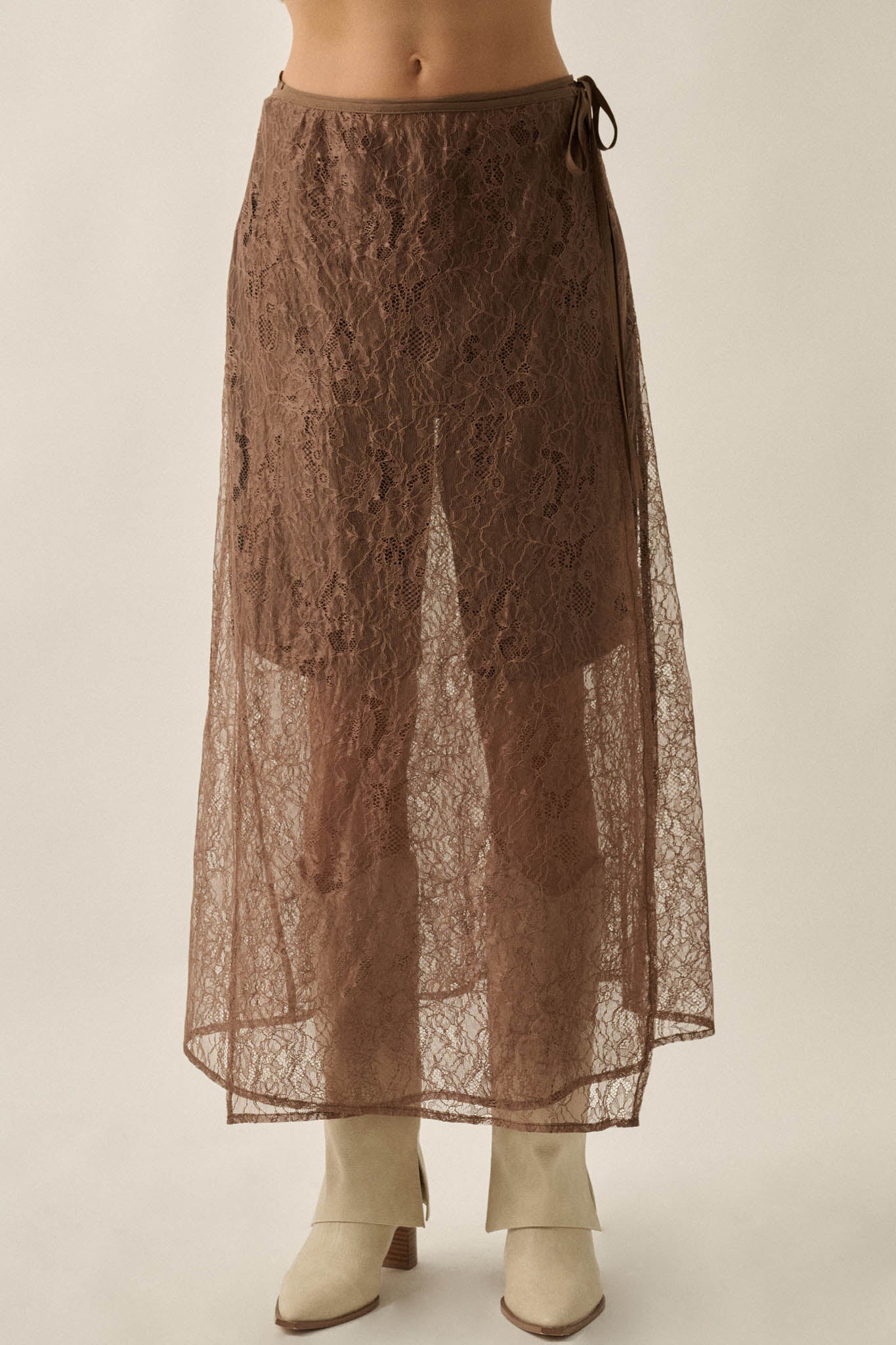 Gossamer Breeze Sheer Floral Lace Wrap Midi Skirt - ShopPromesa