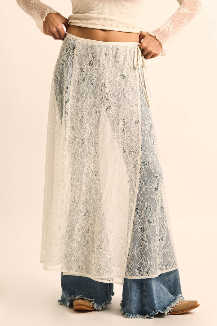 Gossamer Breeze Sheer Floral Lace Wrap Midi Skirt - ShopPromesa