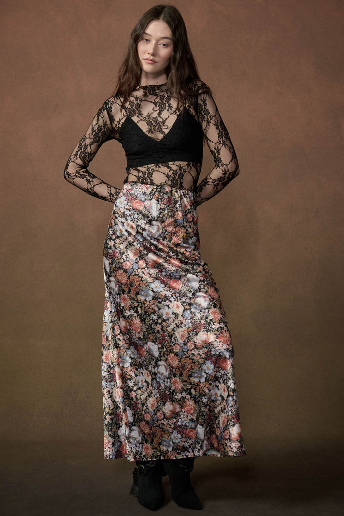 Bright Blooms Floral Satin Elastic-Waist Maxi Skirt - ShopPromesa
