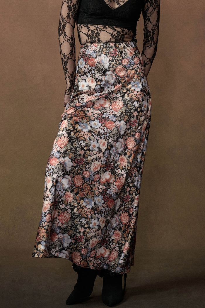 Bright Blooms Floral Satin Elastic-Waist Maxi Skirt - ShopPromesa