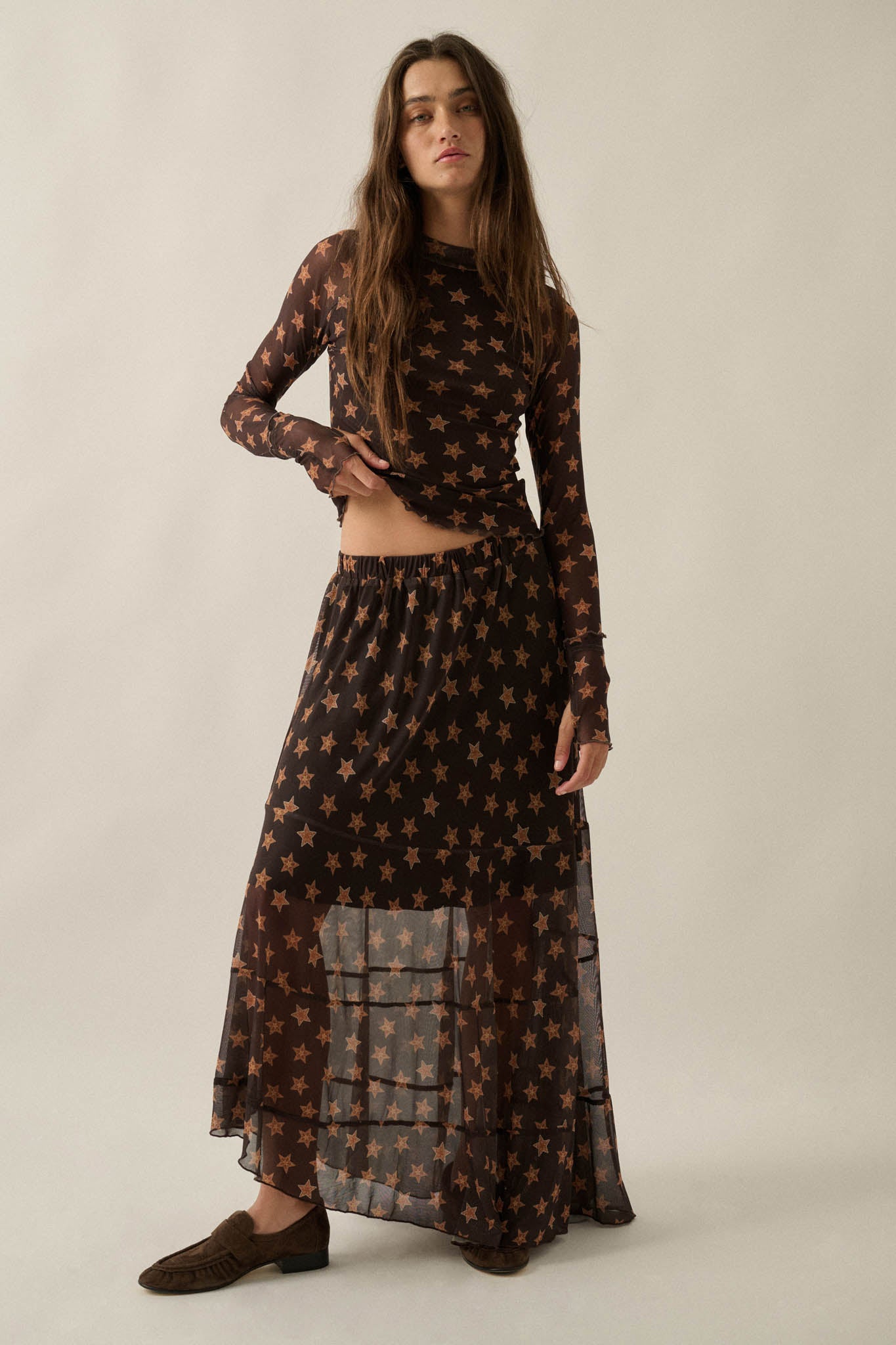 Star Power Printed Mesh Asymmetrical Maxi Skirt - ShopPromesa
