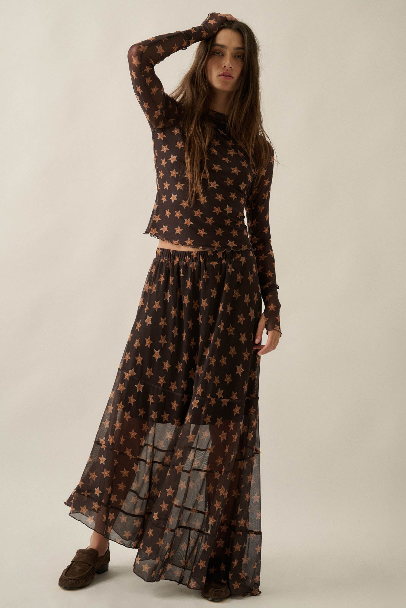 Star Power Printed Mesh Asymmetrical Maxi Skirt - ShopPromesa
