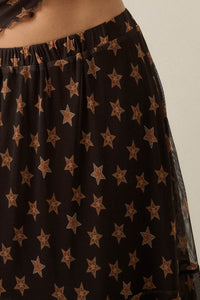 Star Power Printed Mesh Asymmetrical Maxi Skirt - ShopPromesa