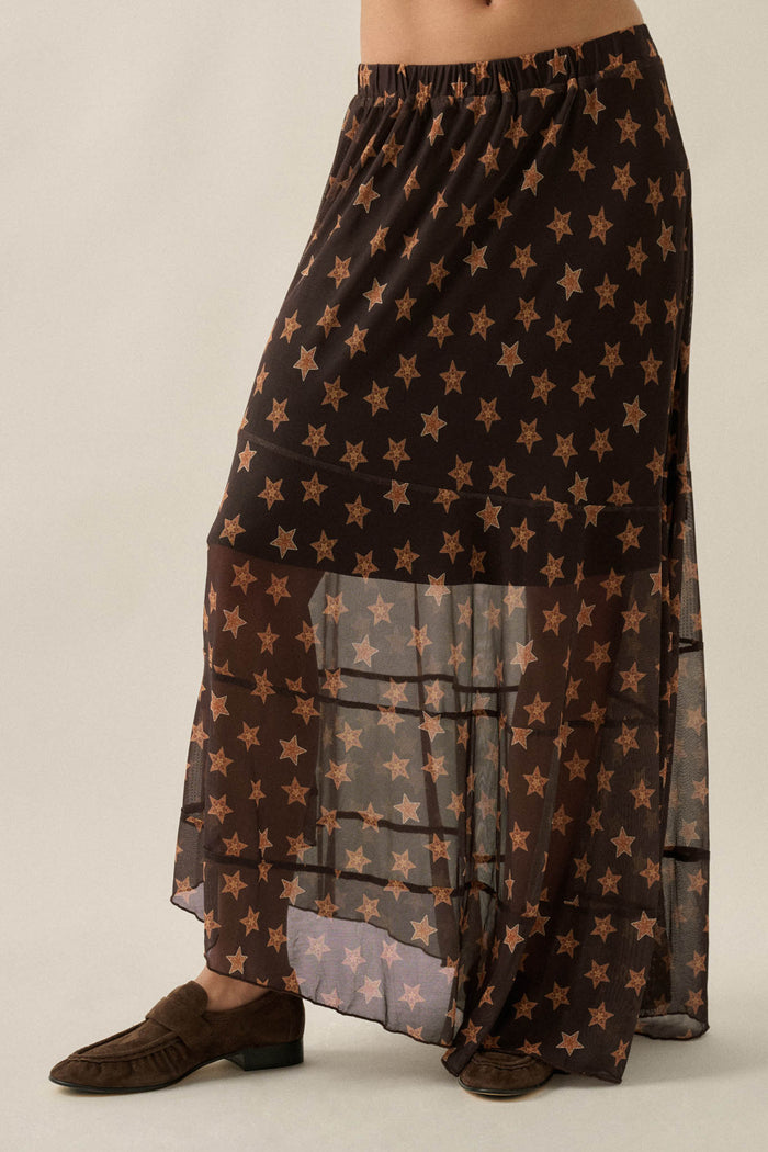 Star Power Printed Mesh Asymmetrical Maxi Skirt - ShopPromesa