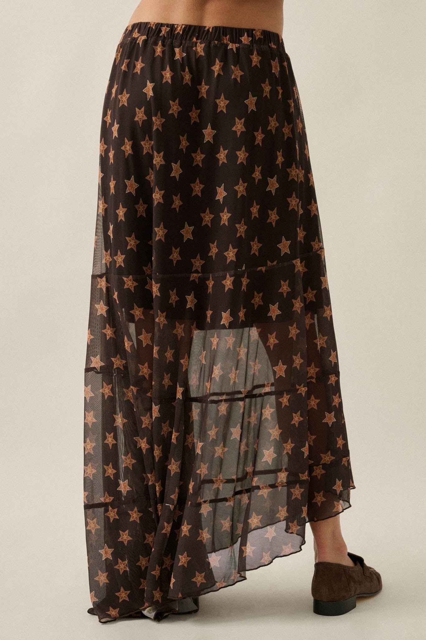 Star Power Printed Mesh Asymmetrical Maxi Skirt - ShopPromesa