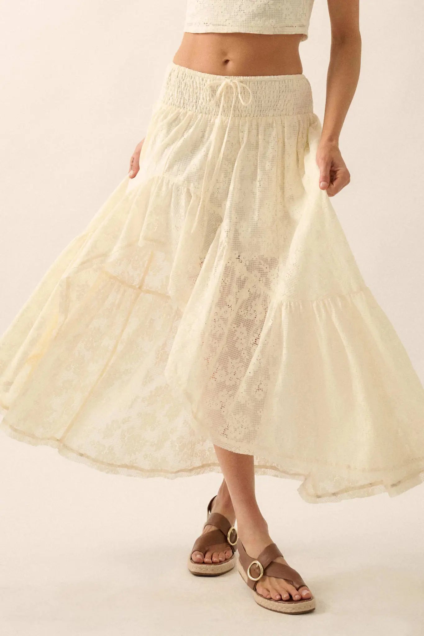 Pure Air Floral Lace Asymmetrical Ruffle Maxi Skirt - ShopPromesa