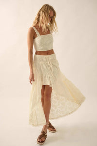 Pure Air Floral Lace Asymmetrical Ruffle Maxi Skirt - ShopPromesa