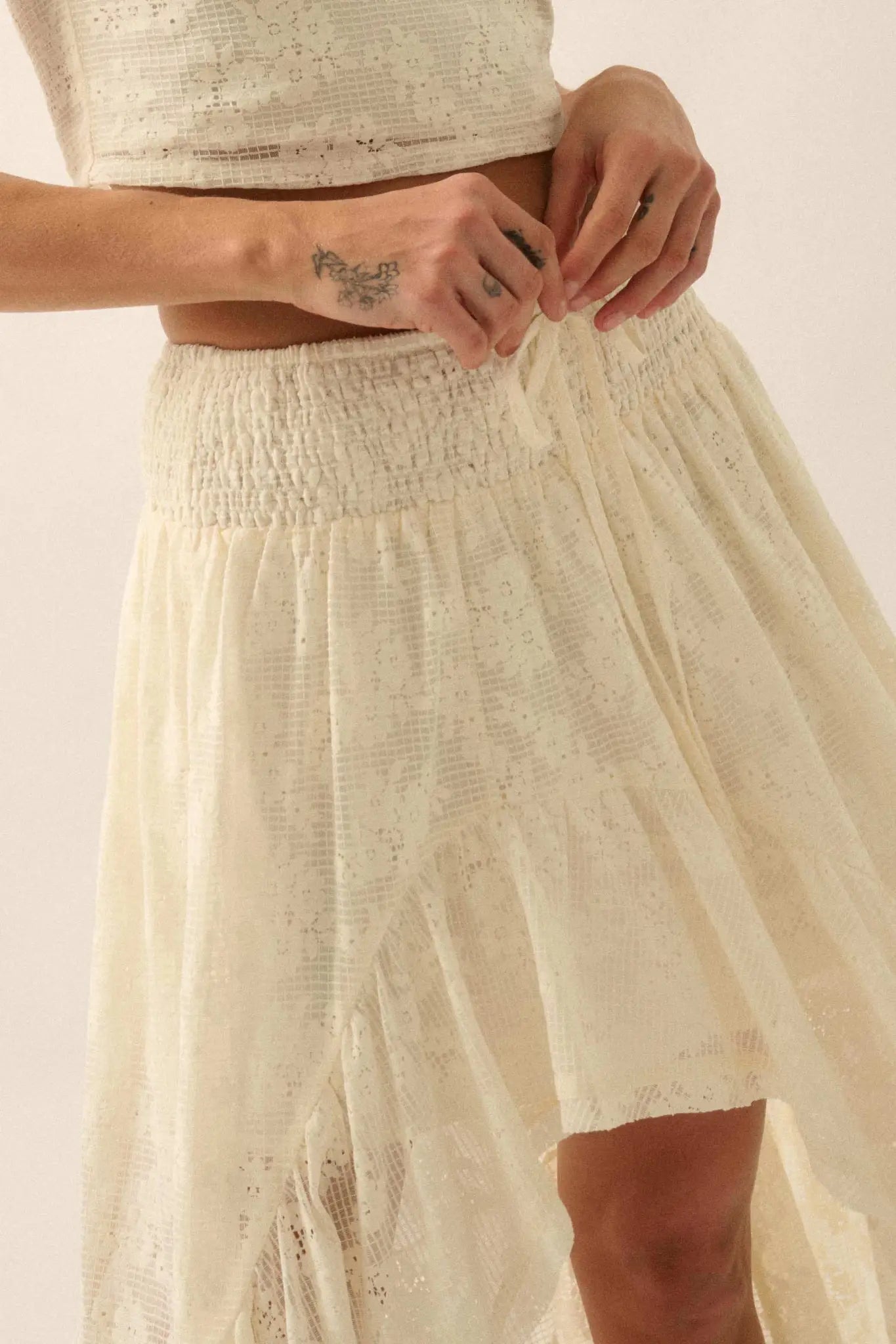 Pure Air Floral Lace Asymmetrical Ruffle Maxi Skirt - ShopPromesa