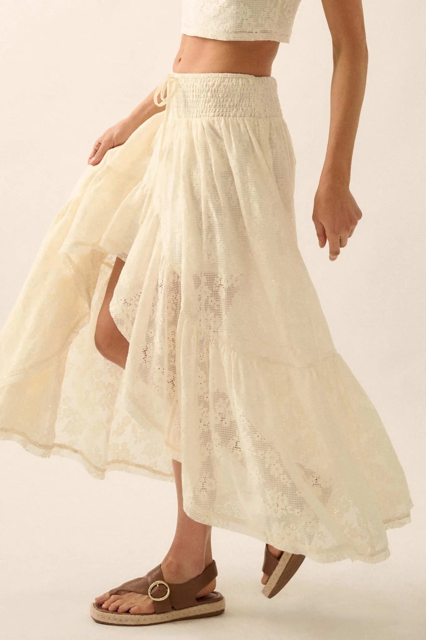 Pure Air Floral Lace Asymmetrical Ruffle Maxi Skirt - ShopPromesa