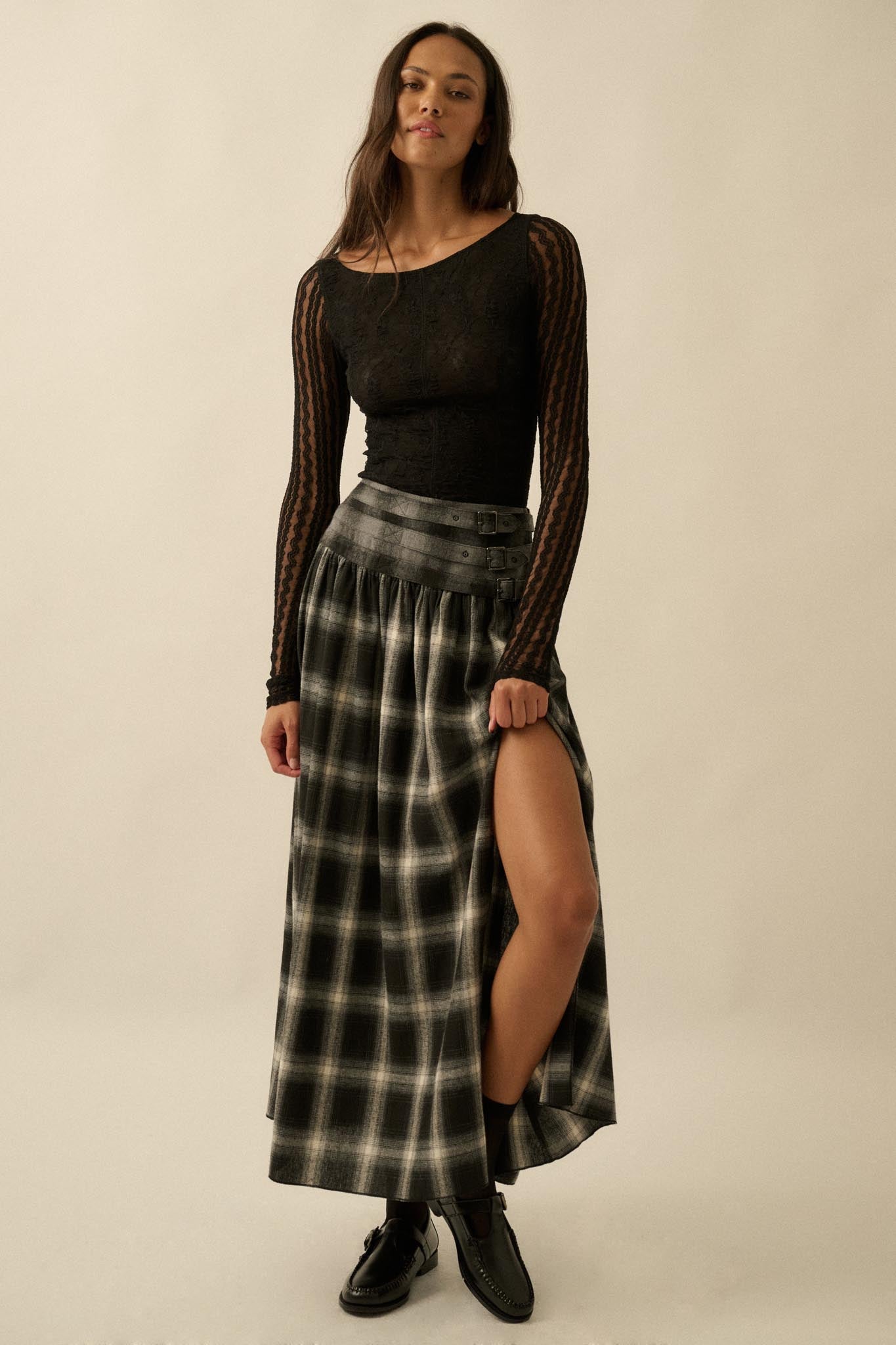 Checkered Past Belted Drop-Waist Plaid Maxi Skirt - ShopPromesa