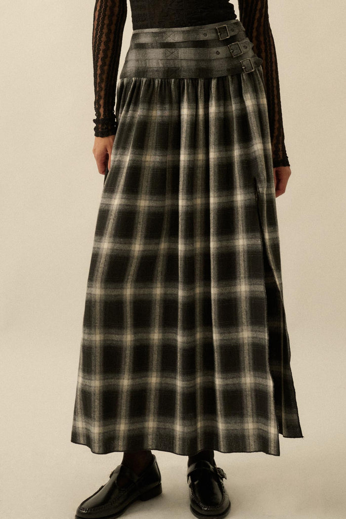 Checkered Past Belted Drop-Waist Plaid Maxi Skirt - ShopPromesa
