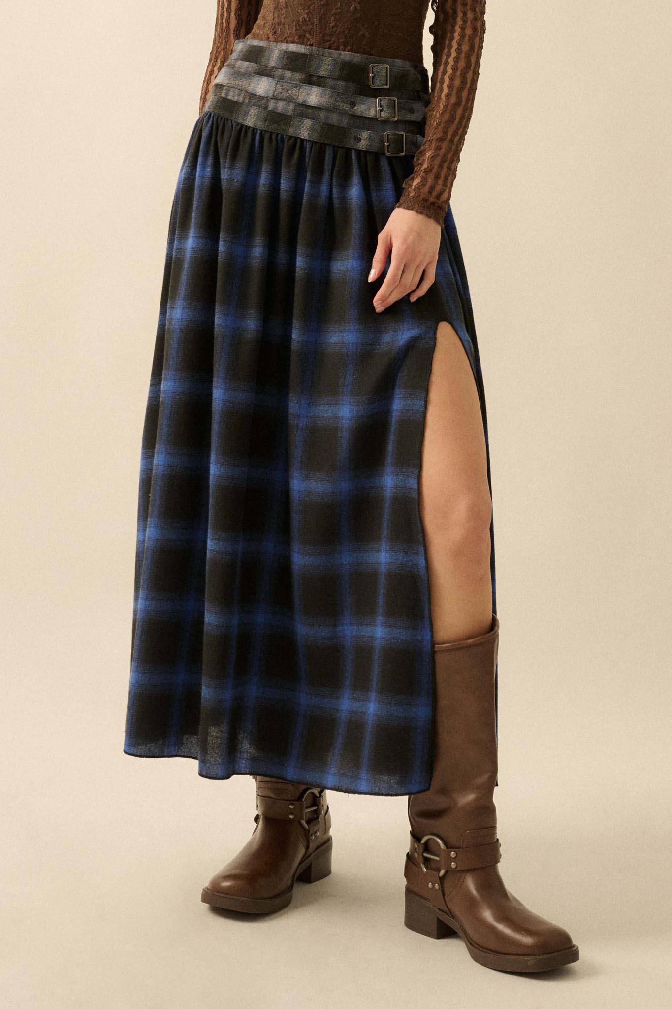 Checkered Past Belted Drop-Waist Plaid Maxi Skirt - ShopPromesa