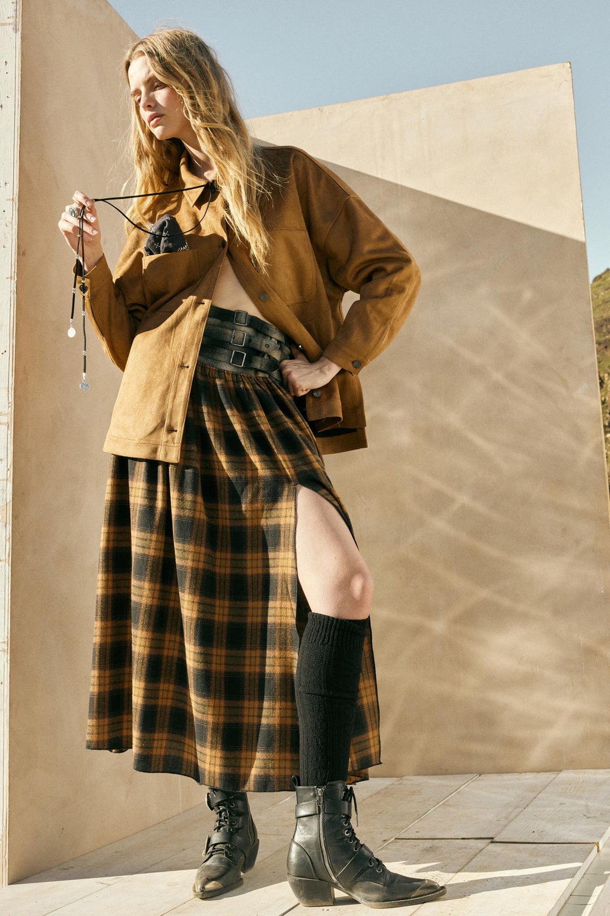 スカート Melange Flannel Skirt Checkered Past Belted Drop-Waist Plaid Maxi Skirt